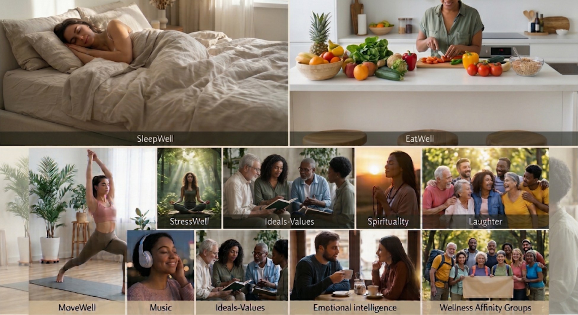 Collage of TruChange wellness pathways: SleepWell, EatWell, MoveWell, StressWell, Ideals-Values, Spirituality, Laughter, Music, Emotional intelligence, and Wellness Affinity Groups